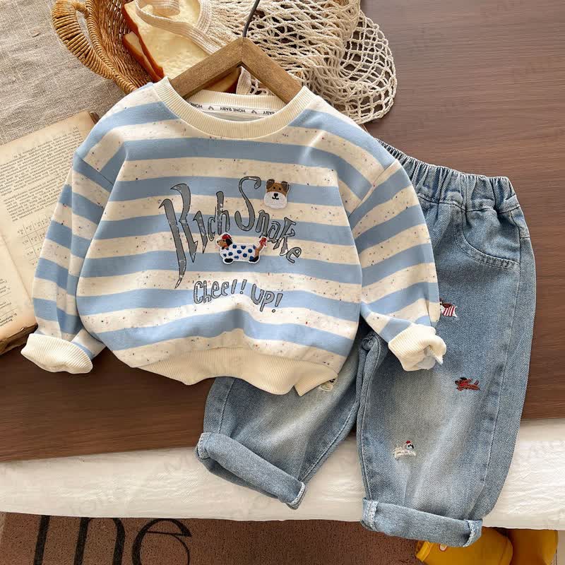 Toddler Baby Blue Striped Sweatshirt and Denim Pants 2-piece Set - Blue - 4-5T - image 1