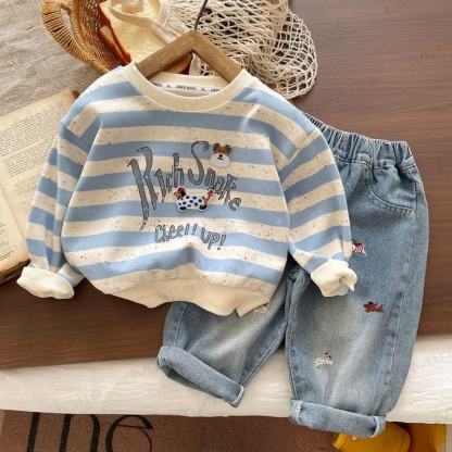 Toddler Baby Blue Striped Sweatshirt and Denim Pants 2-piece Set - Blue - 4-5T - image 1