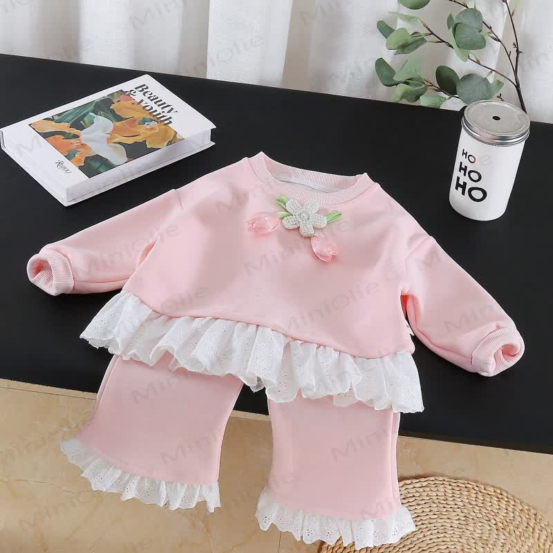 Toddler Girl Tulip Long Sleeve Lace Top and Pants 2-piece Set - Pink - 4-5T - image 2