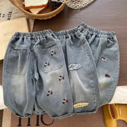 Toddler Baby Puppy Embroidered Washed Denim Pants - image 1