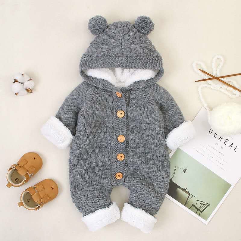 Baby Bear Ear Hooded Fleece Knit Romper - Gray Fleece - 18-24M - image 9
