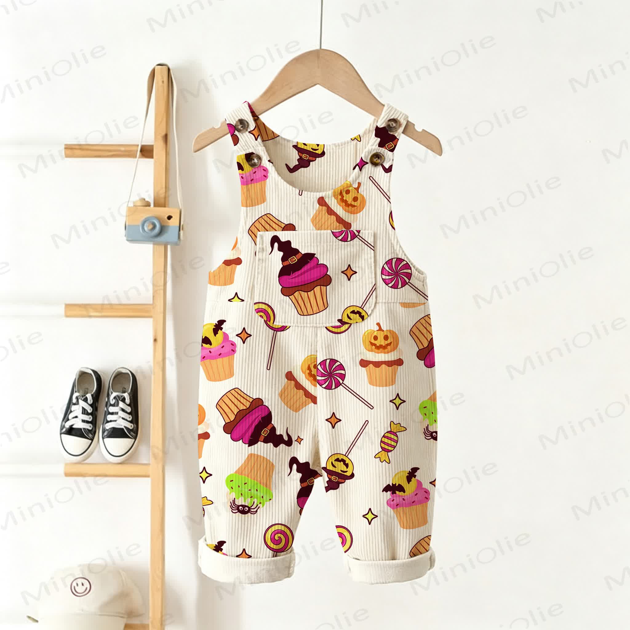 Baby Toddler Halloween Cupcake Candy Pumpkin Print Beige Overalls - Beige - 3-5T - image 1