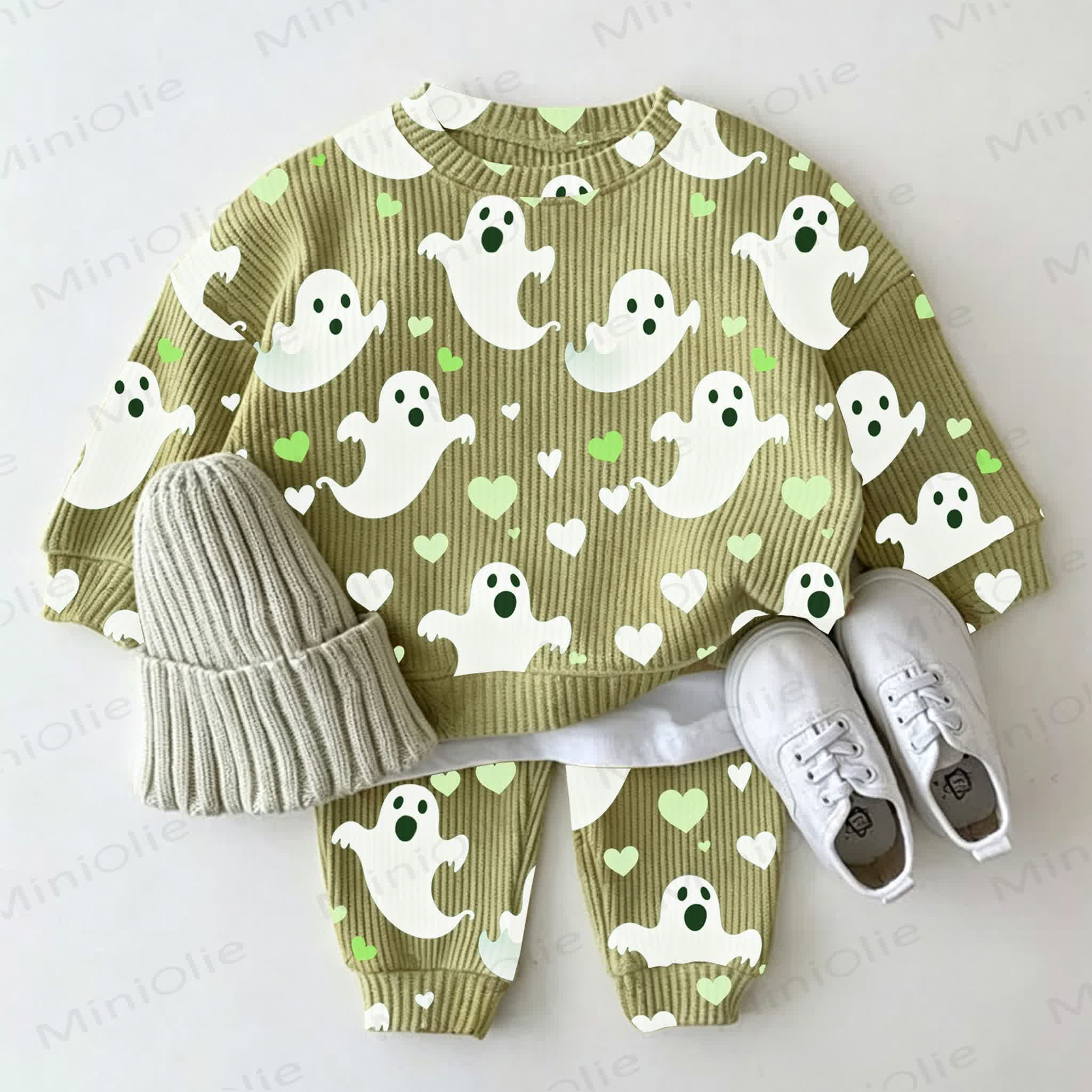 Baby Green Ghost & Heart Print Waffle 2-piece Set - Green - 2-3T - image 1