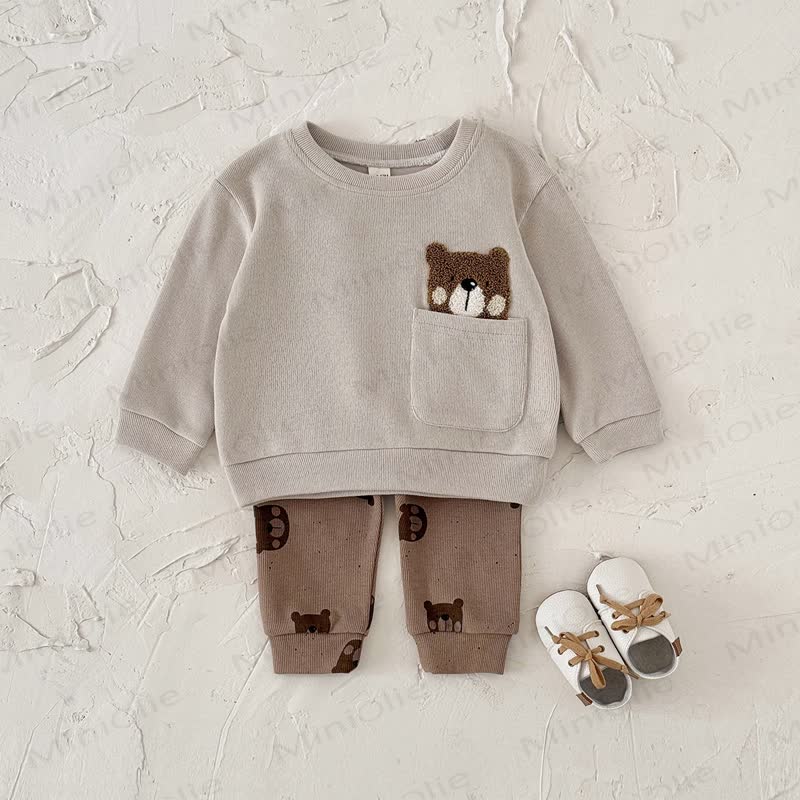 Baby Toddler Peekaboo Bear Pocket Sweatshirt and Jogger 2-piece Set - Beige - 2-3Y - image 3