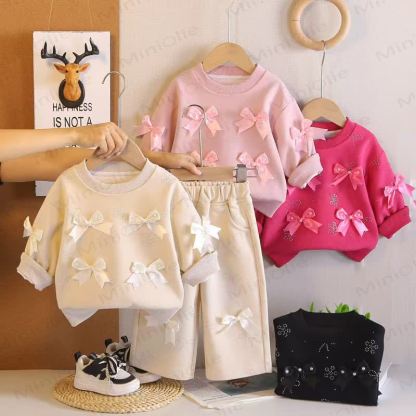 Toddler Girl Solid Color Bows Top and Pants 2-piece Set - image 1