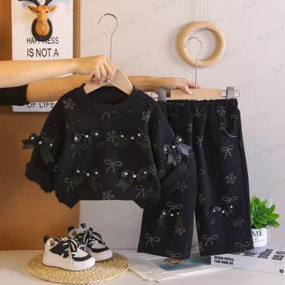Toddler Girl Solid Color Bows Top and Pants 2-piece Set - Black - 4-5T - image 5