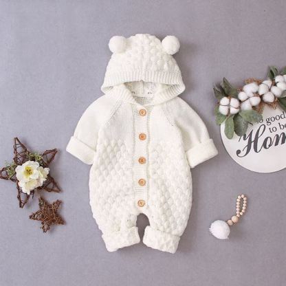 Baby Bear Ear Hooded Fleece Knit Romper - Beige - 18-24M - image 4