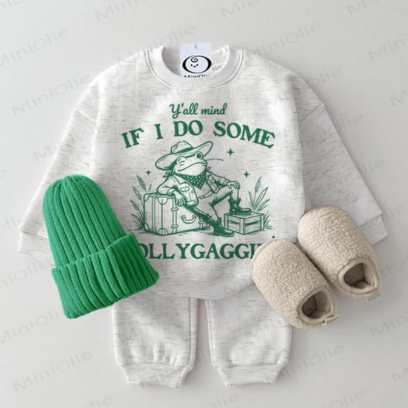 Y'ALL MIND IF I DO SOME LOLLYGAGGIN' Baby Frog Light Grey Sweatshirt 2-piece Set - Light Grey - 2-3T - image 1
