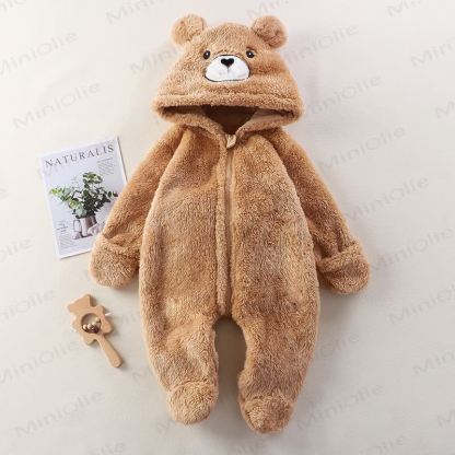 Baby Animal Ear Plush Hooded Zip Front Romper - Brown - 12-18M - image 4