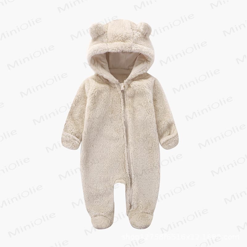 Baby Bear Ear Hooded Plush Romper - Beige - 12-18M - image 2