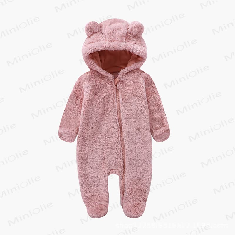 Baby Bear Ear Hooded Plush Romper - Light Pink - 12-18M - image 3