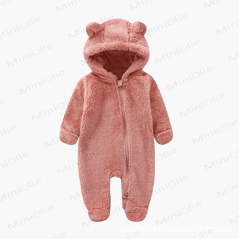 Baby Bear Ear Hooded Plush Romper - Dark Pink - 12-18M - image 4