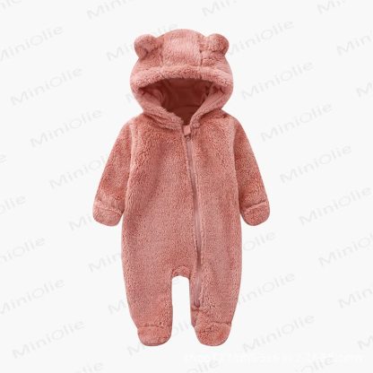 Baby Bear Ear Hooded Plush Romper - Dark Pink - 12-18M - image 4