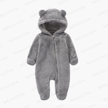 Baby Bear Ear Hooded Plush Romper - Gray - 12-18M - image 7