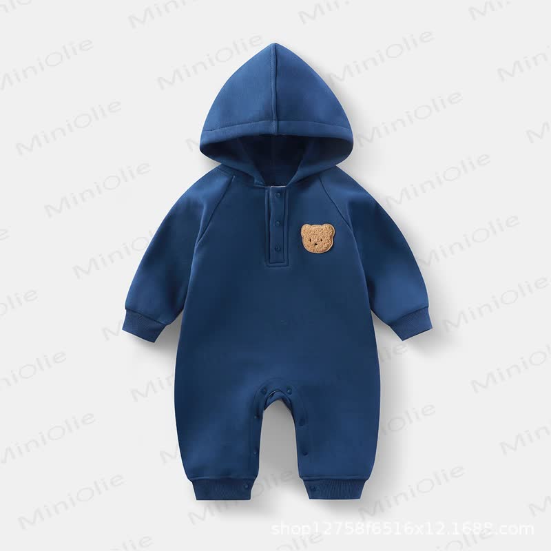 Baby Teddy Applique Hooded Romper - Navy - 18-24M - image 5