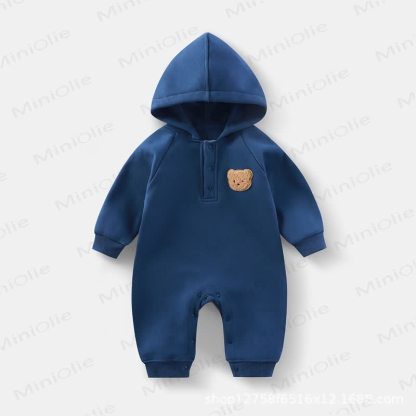 Baby Teddy Applique Hooded Romper - Navy - 18-24M - image 5
