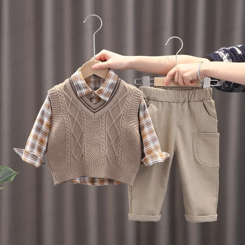 Toddler Baby Boy Classic Knit Vest 3-piece Set - Khaki Diamond - 4-5T - image 1