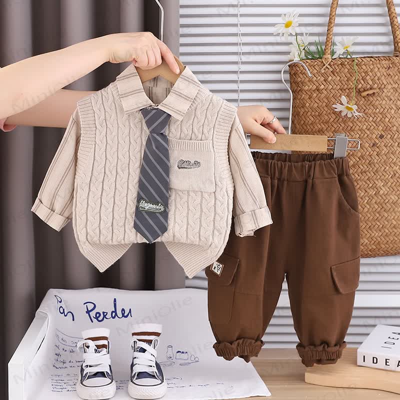 Toddler Baby Boy Classic Knit Vest 3-piece Set - Ivory - 4-5T - image 4