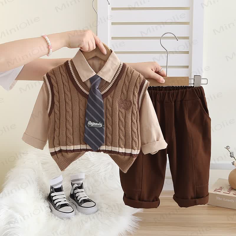 Toddler Baby Boy Classic Knit Vest 3-piece Set - Khaki - 4-5T - image 6