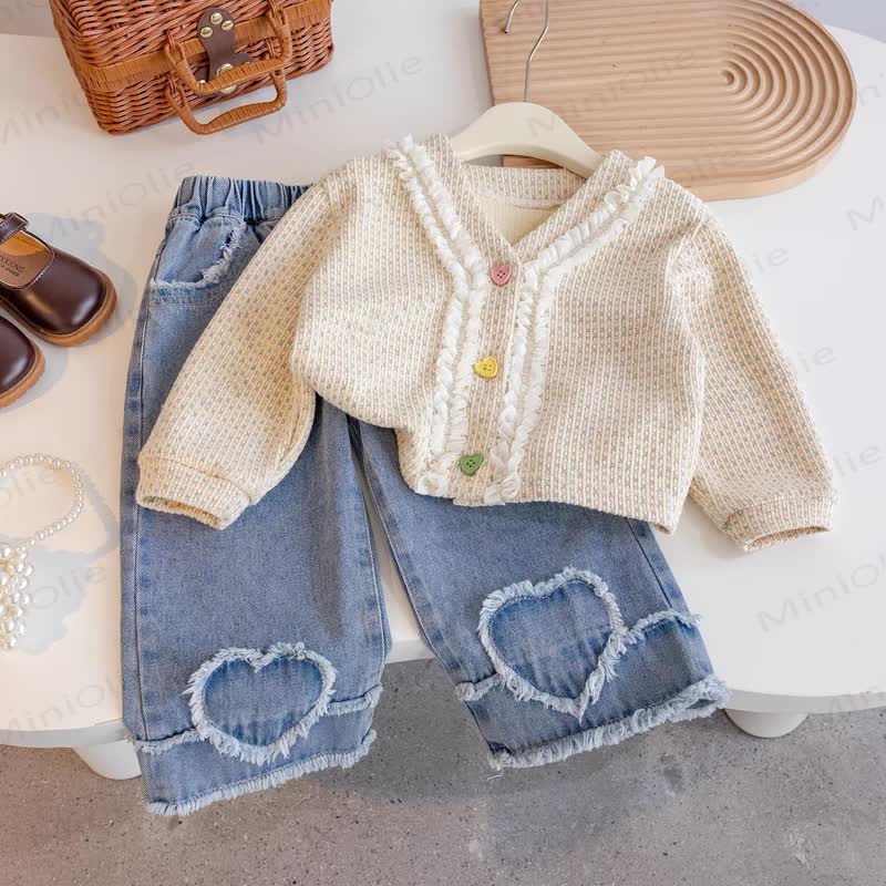 Toddler Girl Heart Button Knit Cardigan and Denim Pants 2-piece Set - Beige - 8-9T - image 1