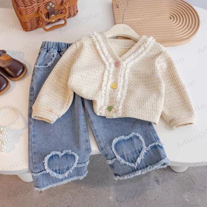 Toddler Girl Heart Button Knit Cardigan and Denim Pants 2-piece Set - Beige - 8-9T - image 1