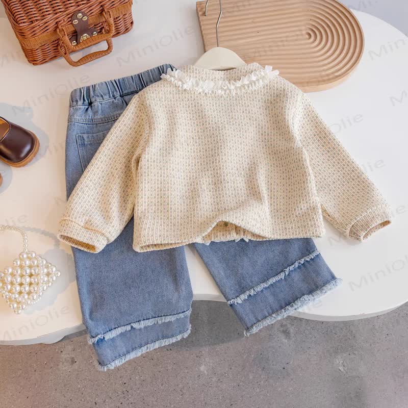 Toddler Girl Heart Button Knit Cardigan and Denim Pants 2-piece Set - image 2