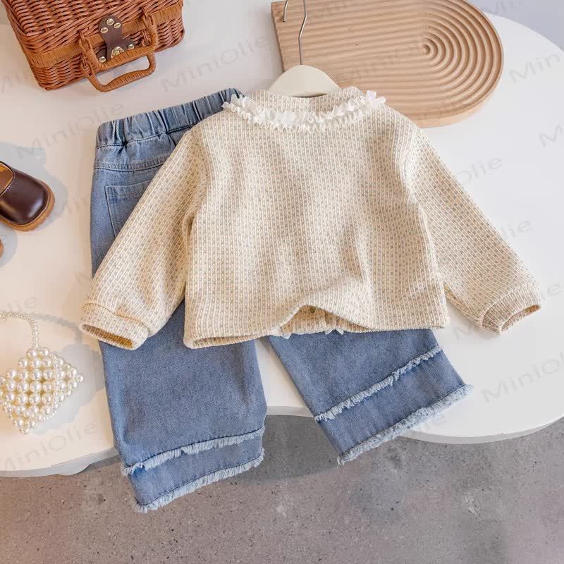 Toddler Girl Heart Button Knit Cardigan and Denim Pants 2-piece Set - image 2
