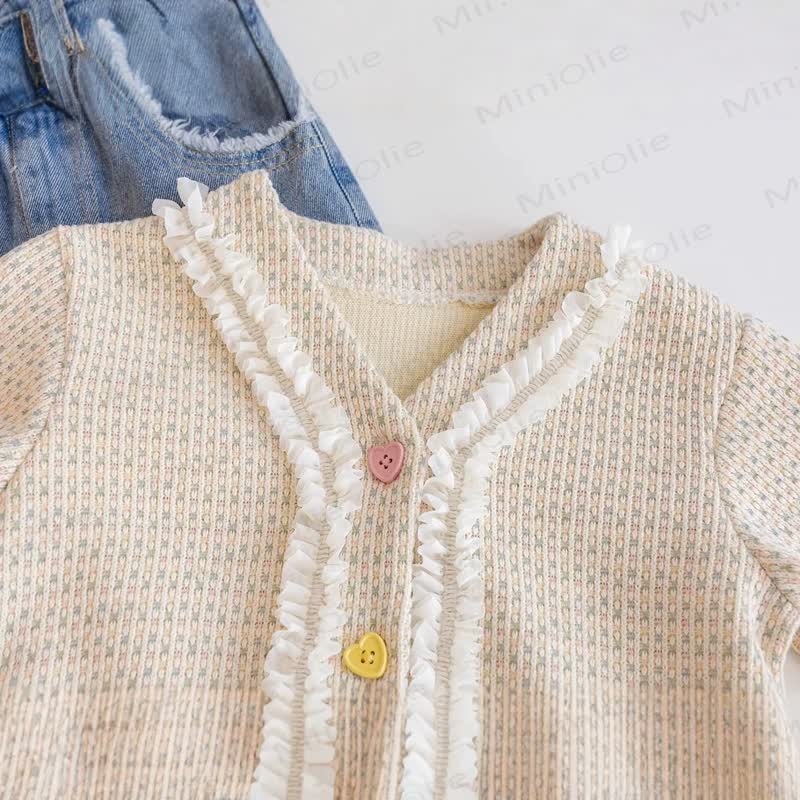 Toddler Girl Heart Button Knit Cardigan and Denim Pants 2-piece Set - image 3