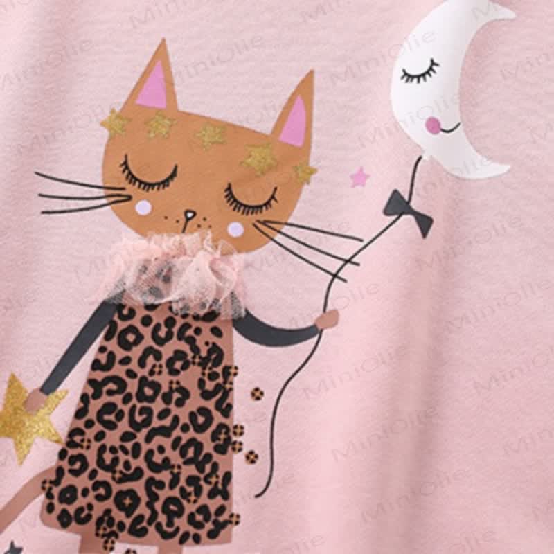 Toddler Girl Pink Cat and Moon Tulle Hem Top and Leggings 2-piece Set - image 4