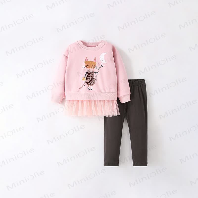 Toddler Girl Pink Cat and Moon Tulle Hem Top and Leggings 2-piece Set - Pink - 10-11T - image 2
