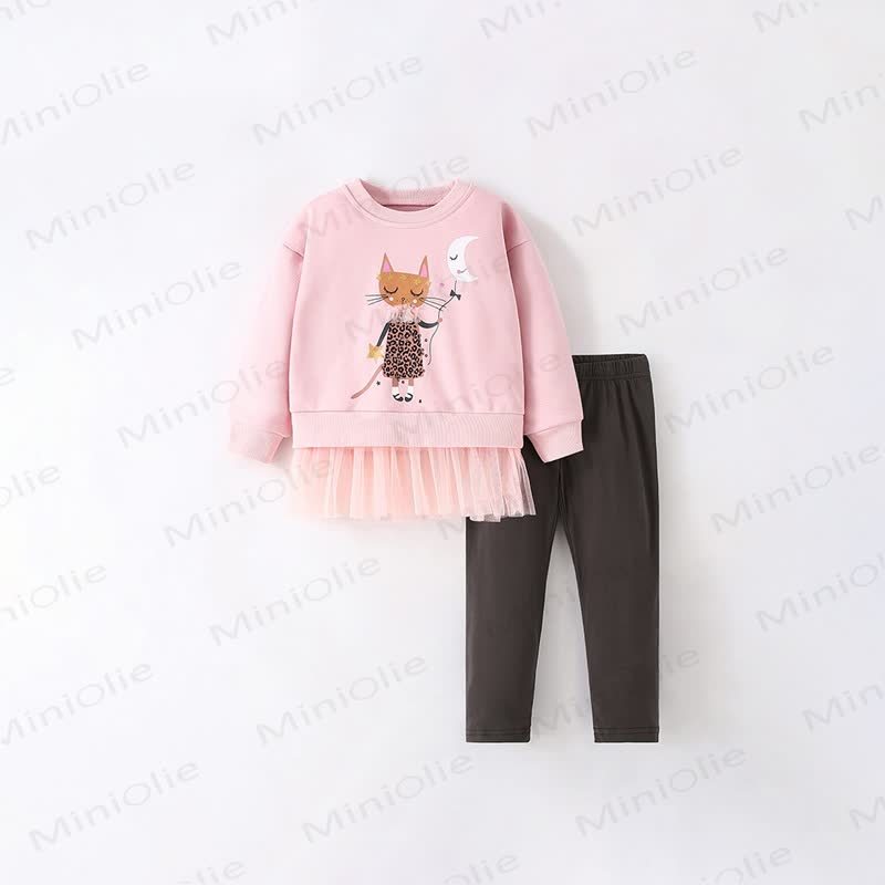 Toddler Girl Pink Cat and Moon Tulle Hem Top and Leggings 2-piece Set - Pink - 10-11T - image 2