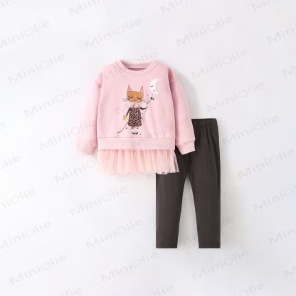 Toddler Girl Pink Cat and Moon Tulle Hem Top and Leggings 2-piece Set - Pink - 10-11T - image 2