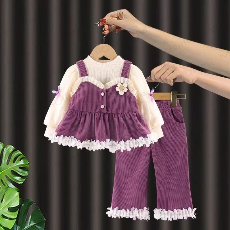 Toddler Baby Girl Floral Corduroy Ruffle 3-piece Set - Purple - 5-7T - image 1