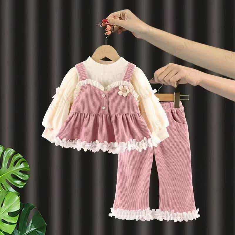 Toddler Baby Girl Floral Corduroy Ruffle 3-piece Set - Pink - 5-7T - image 2