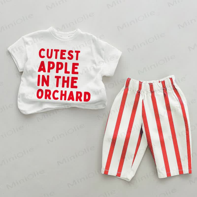 CUTEST APPLE IN THE ORCHARD Baby Slogan Red Vertical Striped 2-piece Set - White&Red - 4-5T - image 1