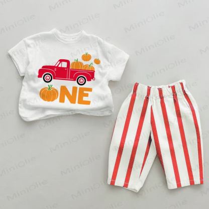 ONE Baby Pumpkin Truck Red Vertical Striped 2-piece Set - White&Red - 4-5T - image 1
