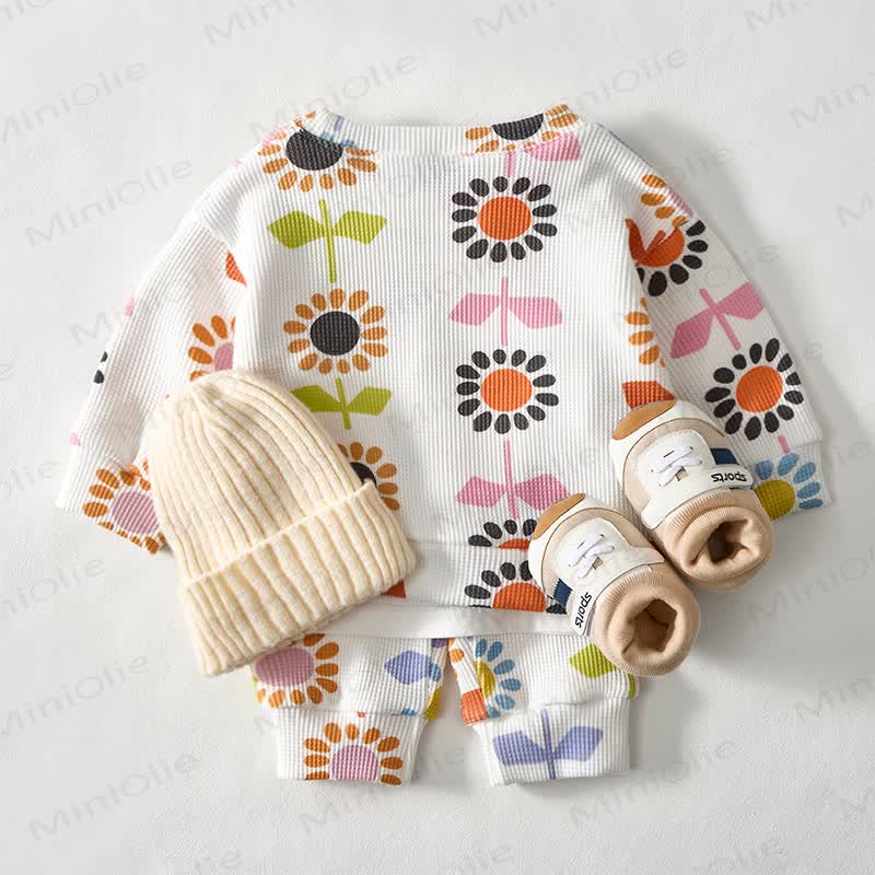 Baby Flower Print White Waffle Sweatshirt 2-piece Set - image 3