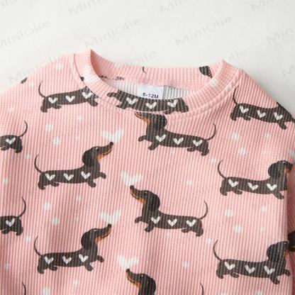 Baby Daschund & Heart Print Pink Waffle 2-piece Set - image 3