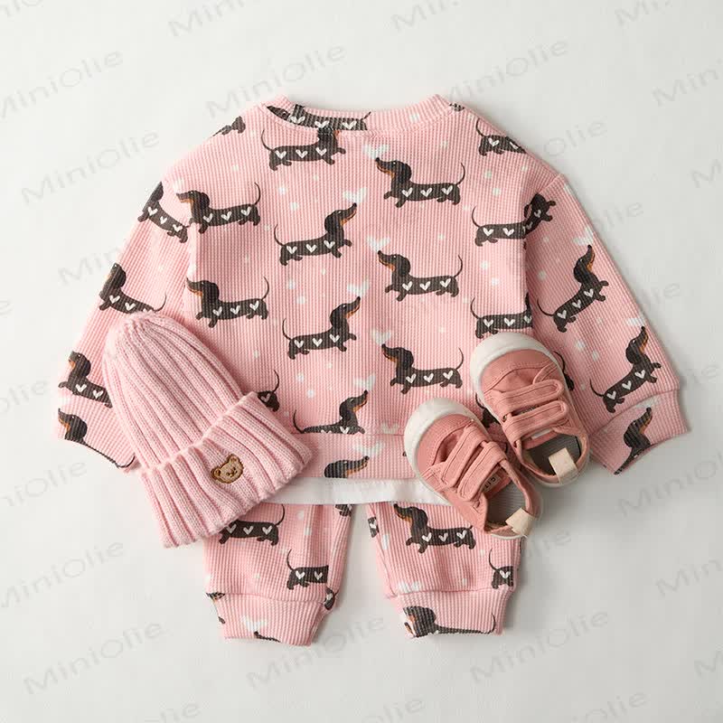 Baby Daschund & Heart Print Pink Waffle 2-piece Set - image 2