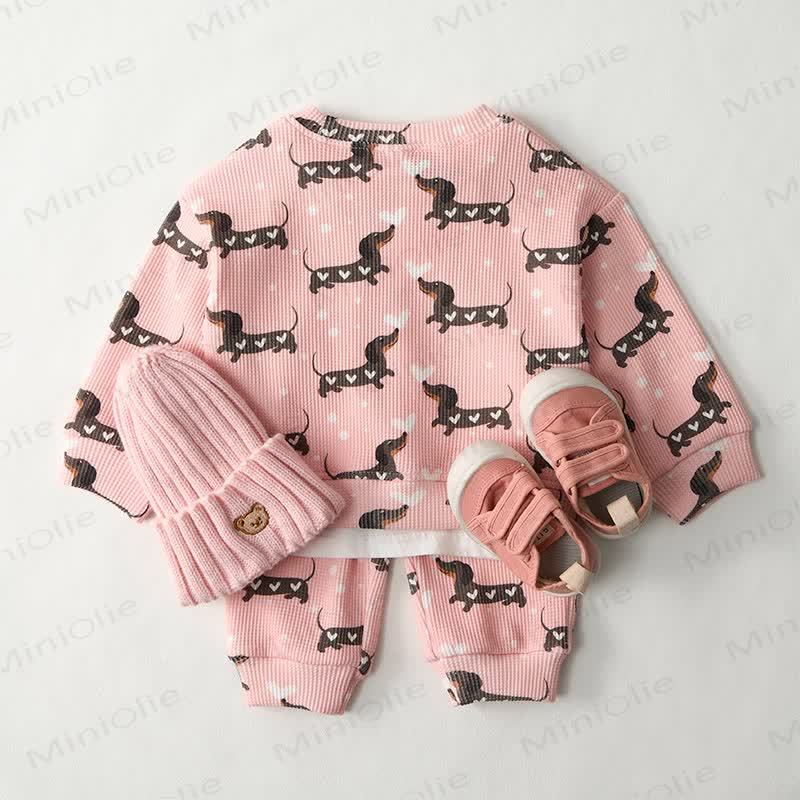 Baby Daschund & Heart Print Pink Waffle 2-piece Set - image 2