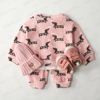 Baby Daschund & Heart Print Pink Waffle 2-piece Set - image 2
