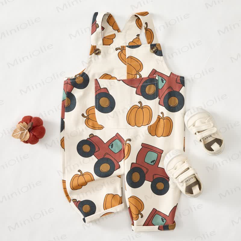 Baby Toddler Tractor and Pumpkin Beige Overalls - image 2