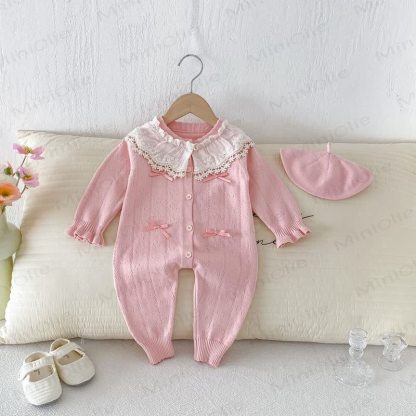 Baby Lace Collar Knit Long Sleeve Romper with Hat - Pink - 18-24M - image 8