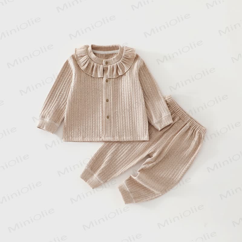 Baby Solid Color Textured Ruffle Collar Button Front Top and Jogger 2-piece Set - Beige - 3-4T - image 2