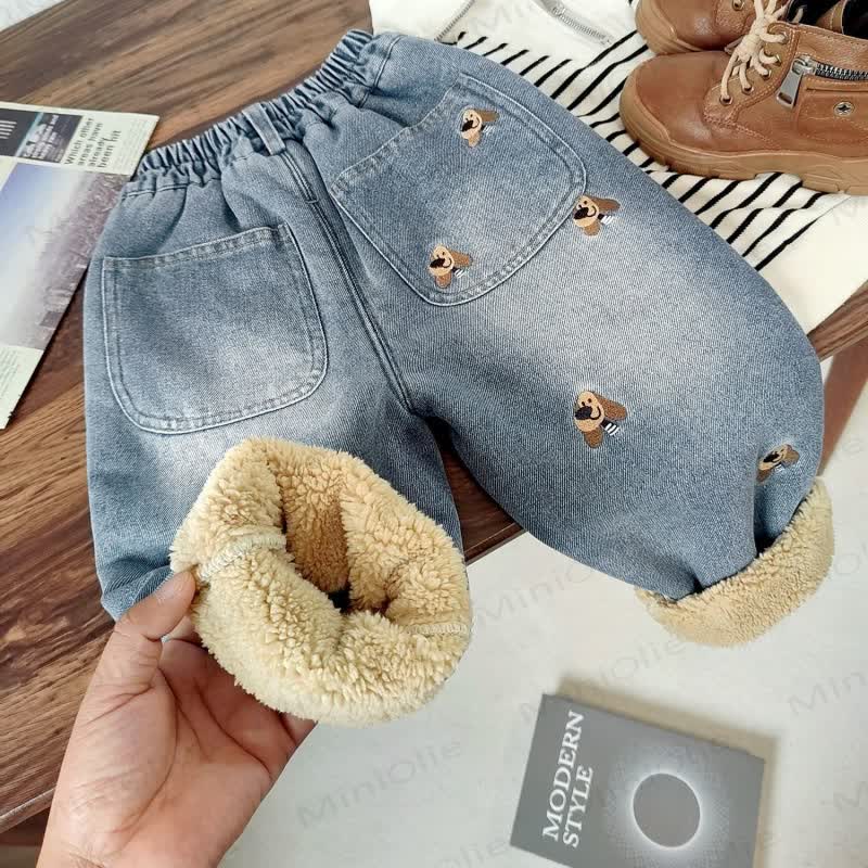 Toddler Puppy Embroidered Sherpa Denim Pants - image 3