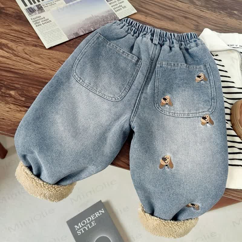 Toddler Puppy Embroidered Sherpa Denim Pants - Blue - 8-9T - image 1