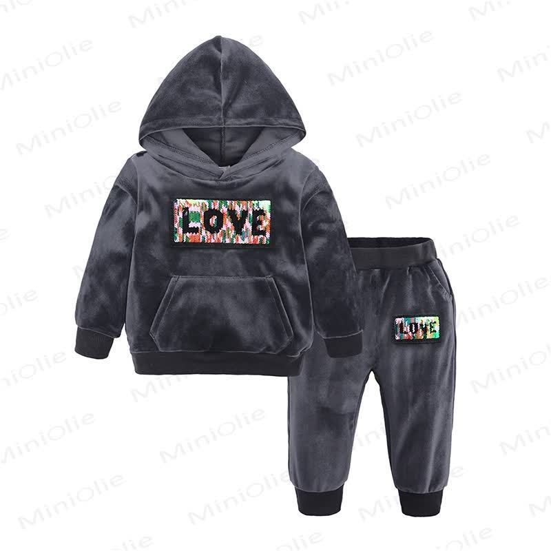 Toddler Velour Contrast Hoodie and Jogger 2-piece Set - Gray Slogan - 8-9T - image 15