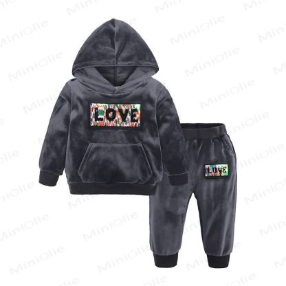Toddler Velour Contrast Hoodie and Jogger 2-piece Set - Gray Slogan - 8-9T - image 15