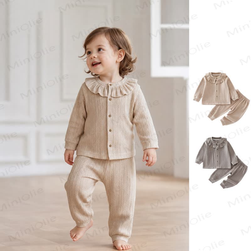 Baby Solid Color Textured Ruffle Collar Button Front Top and Jogger 2-piece Set - image 1