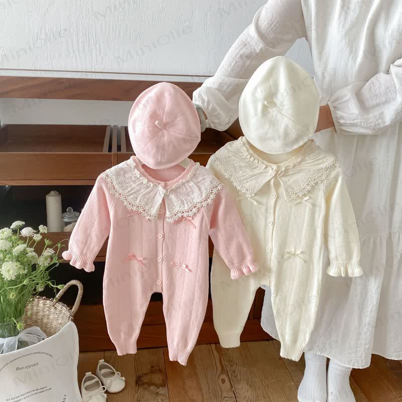Baby Lace Collar Knit Long Sleeve Romper with Hat - image 1